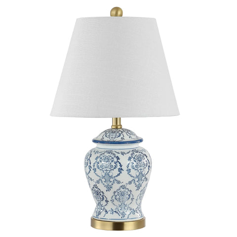 Blue And White Chinoiserie Ceramic Urn Table Lamp With White Linen Shade Classic Nightstand Light For Living Room And Bedroom ETL Listed 120V Safety LED Bulb Included Energy Saving Lit Warm Glow