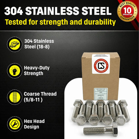 Top Tier 5/8 X 2 1/2 Inch 304 Stainless Steel Hex Head Bolts Built Different To Withstand Harsh Elements with box and bolts.