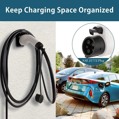 Heavy Duty J1772 EV Charger Holder Wall Mount Electric Vehicle Cable Organizer with SAE J1772 Plug in use beside parked car.