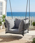 Single Seater Porch Swing Chair With 106 Inch Adjustable Rope For Height Boho Macrame Hanging Hammock Chair with cushions on porch