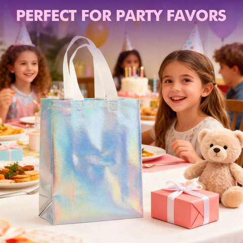 Iridescent Gift Bags With Handles 8x4x10 Inch Holographic Reusable Gift Bags Medium Size Blingy For Birthday Parties Christmas Weddings Holidays Valentines And Party Favors on a table with children at a party.