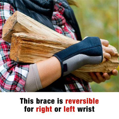 Person carrying wood with Reversible Wrist Brace for Sore, Weak, and Injured Wrists, Breathable Comfort, Adjustable Palmar Splint.