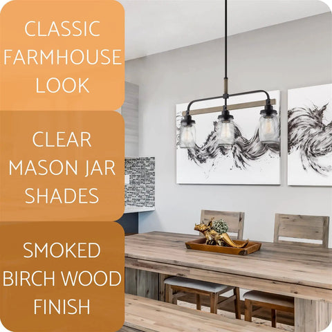 Stapleton 25 Inch 3 Light Modern Farmhouse Kitchen Island Light With Jar Glass Shades Smoked Birch Finish for Bright Modern Home Vibe and Easy Stylish Task Lighting