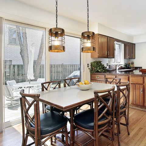 Rustic Pendant Light Fixtures For Farmhouse Kitchen And Entryway in dining area, wood design with black cage chandelier, 7.1 in diameter.