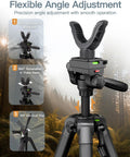 Flexible angle adjustment on 74 Inch Adjustable Rifle Tripod Stand With V Yoke Gun Rest, showing rotation and vertical flip features.