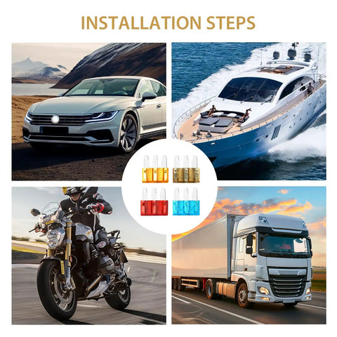 Installation steps with images of car, boat, motorcycle, truck and Micro 3 Blade Automotive Fuse Kit With See Through Windows