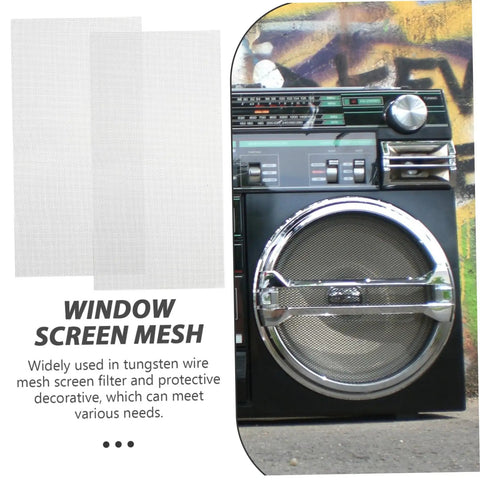 Window screen mesh displayed next to a vintage boombox with graffiti background.