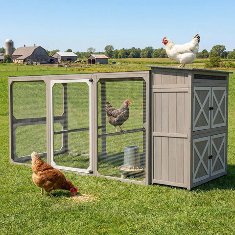 Expandable Two Story Chicken Coop With Six Nesting Boxes And Connectable Outdoor Run in a grassy backyard
