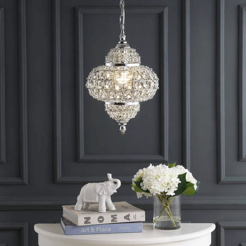 Chrome 12-Inch One-Light Crystal Pendant Light With Moroccan Quatrefoil Glam Design, shown in elegant living space.