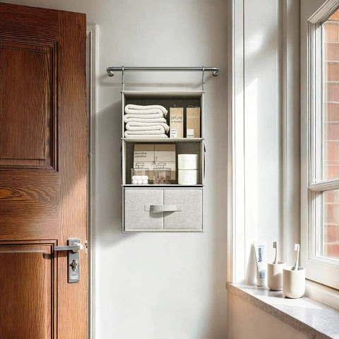 6 Shelf Hanging Closet Organizer With 3 Removable Fabric Drawers Space Saving Wardrobe Shelves For Clothes Toys And Accessories Must Have For Nursery And Dorm Storage Easy Access Clear View Silver Gray hanging on wall with towels and toiletries.