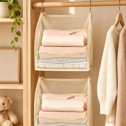 Premium Hanging Closet Organizer With Ultra Soft Fabric Shelves designed as a slick space saver displaying neatly folded towels.