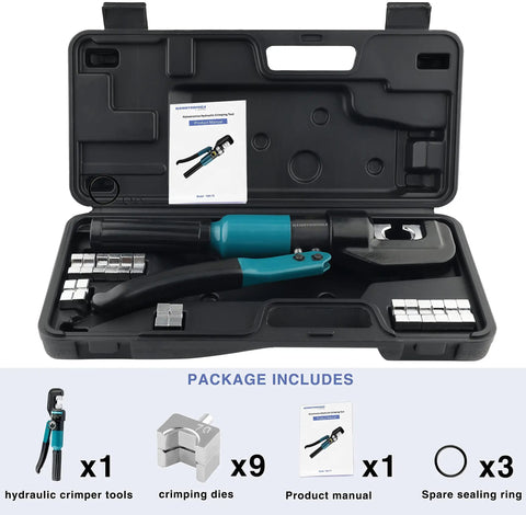 Beefy Hydraulic Battery Lug Crimping Tool Kit With 9 Die Sets For AWG 12 To 2/0 shown in case with manual and accessories.
