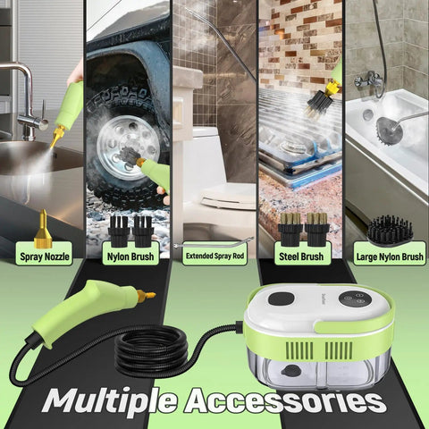 Multiple accessories for Heavy Duty Handheld Steam Cleaner With 2500W Rapid Heat including brushes and nozzles for versatile cleaning.