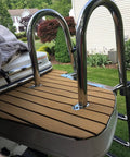 Foldable Telescoping Boat Deck Ladder With 4 Wide Non Slip Steps for Easy Water Entry on yacht, rear view, stainless steel