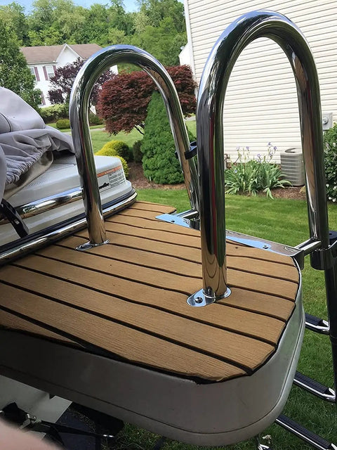 Foldable Telescoping Boat Deck Ladder With 4 Wide Non Slip Steps for Easy Water Entry on yacht, rear view, stainless steel