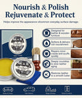 All In One Leather And Wood Furniture Salve With Brush Set Deep Conditioning Wax To Restore Scratches displayed with brush and cloth