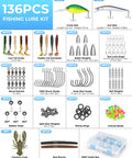 Image of 136pcs fishing lure kit with crankbaits, jerkbaits, hooks, weights, swivels, and 3500 tackle box for on-the-go anglers.