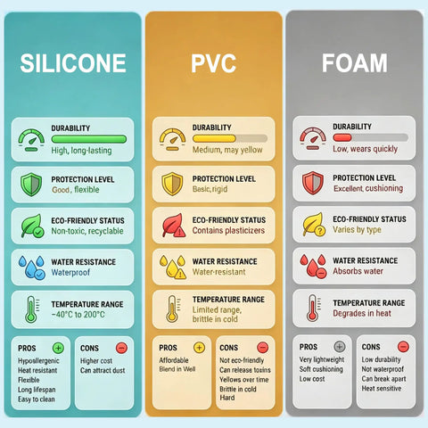 Chart comparing silicone, PVC, and foam properties for Clear 100 Percent Silicone Edge Guards For Tables And Furniture Kid Proofing Corner Bumpers With Pre Taped Adhesive Soft Chew Resistant BPA Free Heat Safe Up To 400 Fahrenheit Wall And Furniture Cushions For Kids.