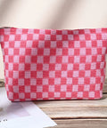 Large Checkered Makeup Bag Canvas Cosmetic Organizer For Travel And Daily Use Rose Red Design Big Capacity 11x6 in size