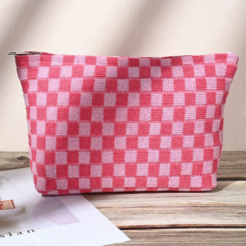 Large Checkered Makeup Bag Canvas Cosmetic Organizer For Travel And Daily Use Rose Red Design Big Capacity 11x6 in size