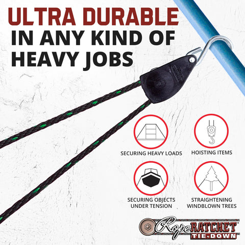 Beefed Up Heavy Duty Rope Hoist With Locking Pulley And Ratchet Adjustable Hanger, 15 ft braided polypropylene rope in use.
