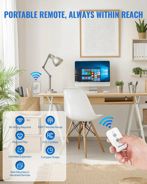 Plug In Remote Outlet Switch Wireless Control For Lamps And Lights No Wiring Needed Remote On Off Plug Programmable 100 Ft RF Range 15 Amp 1875 Watt Battery Included FCC Listed shown in a home office setting