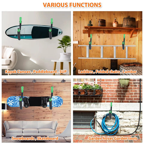 Heavy Duty Kayak Wall Mount Rack Kit Four Pack Green with Straps 100 Lb Capacity installed holding various gear in garage
