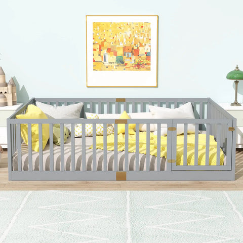 Full Size Floor Bed With High Safety Guardrail And Door For Toddler Transition, Rubber Wood Frame, Grey Finish, Bedroom Scene