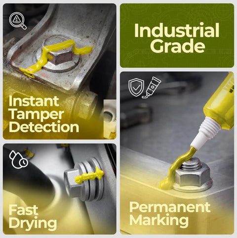 Yellow Torque Seal Marker for Bolts and Fasteners Tamper Proof Cross Check Indicator applied on metal bolts.