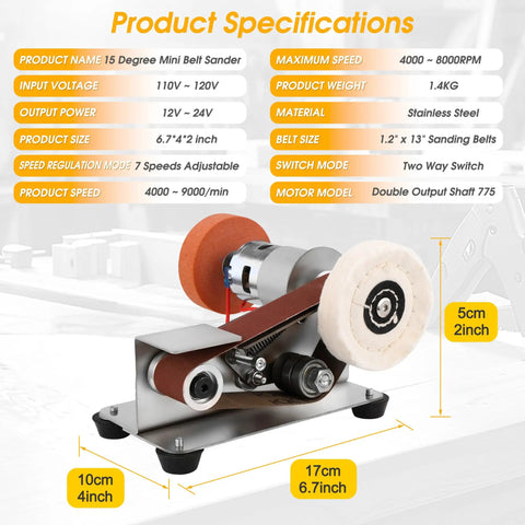 Product specifications and image of Mini Belt Sander For Knife Making With 15 Degree Angle, Electric Bench Belt Sander, 7 Adjustable Speeds.