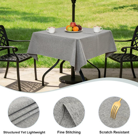 Water Resistant Gray Outdoor Tablecloth With Umbrella Hole And Zipper 54 By 54 Inch Square Faux Linen Wipeable Patio Cover For Picnic Camping And Backyard Parties displayed on patio table