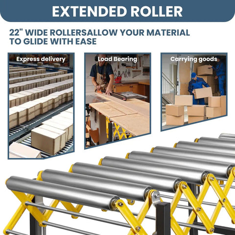 Industrial Grade Heavy Duty Expandable Conveyor Rollers Featuring 360 Degree Swivel Wheels And A Slick Twenty Inch Flexible Belt That Handles Factory Loads Without A Hitch with 22-inch rollers.