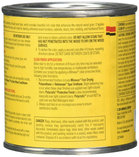 Rich Interior Wood Stain Dark Walnut Half Pint Can showing label instructions for use and safety precautions.