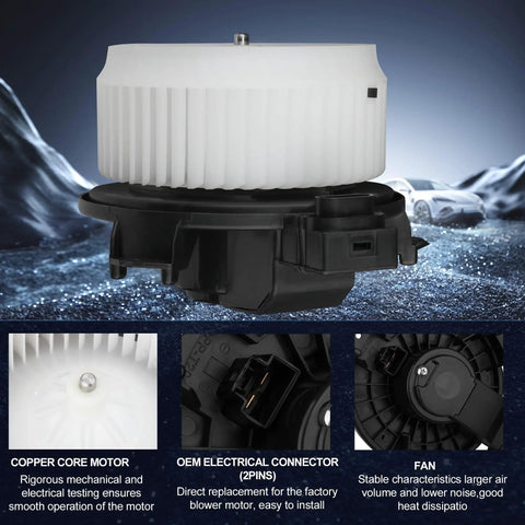 No Sweat 2 Pin Hvac Heater Blower Motor Assembly Straight Swap Featuring Plug And Play Setup For Toyota Rav4 Matrix Corolla Scion Xb Pontiac Vibe Manual Controls, showcasing the motor and connector.