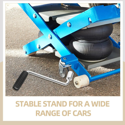 Camper Crank Handle Replacement For RV Trailer Jack Sockets Hand Crank Rocker next to blue jack stand in use on pavement
