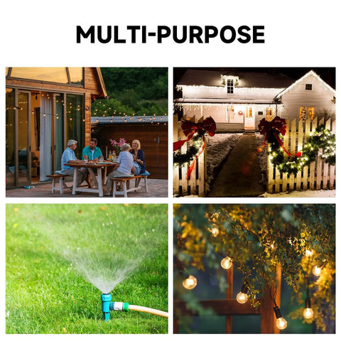 All Season Heavy Duty Outdoor Timer With Six Foot Cord 24 Hour Mechanical Settings used for outdoor holiday lights and garden watering.