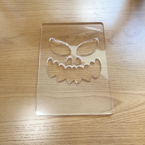 Kickass Acrylic Router Template For Jack O Lantern Faces With 8 Durable Halloween Pumpkin Patterns 5.5X8 Inch solid clear polymer mask on wood.