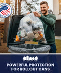 Heavy Duty 95 To 96 Gallon Clear Trash Bag Liners 1.5 Mil Thick Jumbo Rollaway Bin Sacks Tough For Heavy Yard Debris And Commercial Waste 25 Count Pack with trash filled bag being lifted into rollaway bin.
