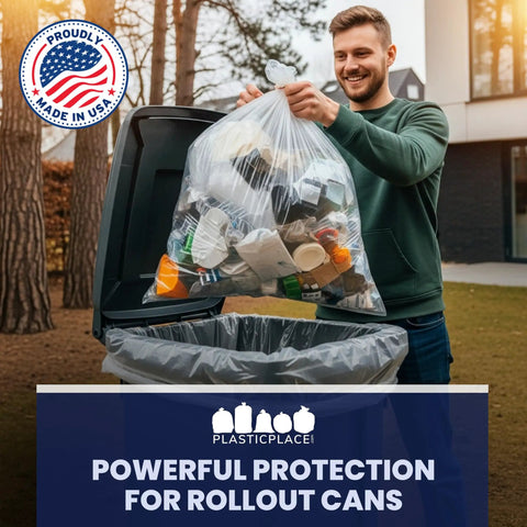 Heavy Duty 95 To 96 Gallon Clear Trash Bag Liners 1.5 Mil Thick Jumbo Rollaway Bin Sacks Tough For Heavy Yard Debris And Commercial Waste 25 Count Pack with trash filled bag being lifted into rollaway bin.