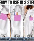 Multi Color Pocket Protectors For Pens And Pencils, Ink Leak Guard For Shirts, Lab Coats, And Pants, Compact 3.2 By 6.1 Inch Pen Organizer shown in use on lab coat.