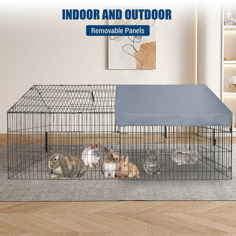 Beefy Heavy Duty Metal Chicken Coop And Run With Waterproof Cover 86 Inch Long By 40 Inch Wide showing rabbits inside on carpet