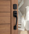 Prague Front Door Lock Handle And Deadbolt Set Exterior Entry Handleset Matte Black on wooden door with interior view