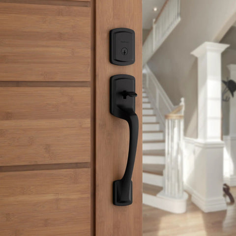 Prague Front Door Lock Handle And Deadbolt Set Exterior Entry Handleset Matte Black on wooden door with interior view