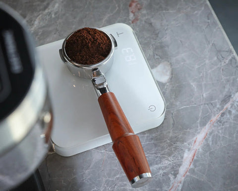 Level Up Your Home Barista Setup With This 58mm Bottomless Portafilter For Breville Dual Boiler Oracle Espresso Machine Rosewood Handle with Grounds.