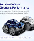 Quattro Sport Tune Up Kit With Drive Shaft And Gear Box Assemblies for Pool Cleaners in blue and white models on display