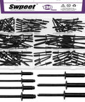130Pcs 7 Sizes Black Large Flange Aluminum Blind Rivets Kit For Metal, Furniture And Automotive Projects, with open case