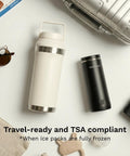 Portable Breast Milk Cooler With Double Insulated Stainless Steel Thermos, two matching bottles on a table with travel items.