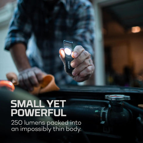 Man using Slim Mini Rechargeable Pocket Light for EDC and Emergencies, 250 Lumens, Two Modes, Magnetic Base in car engine bay