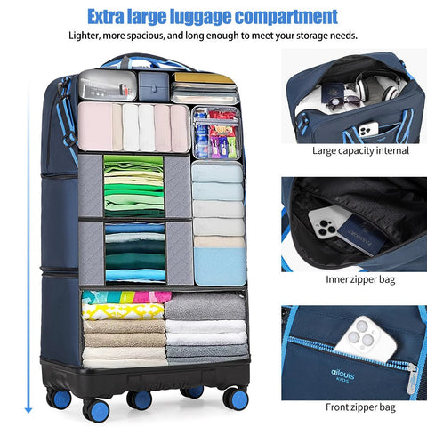 Front view of navy Ailouiskids rolling luggage with detachable wheels, opened to show organized clothing compartments.