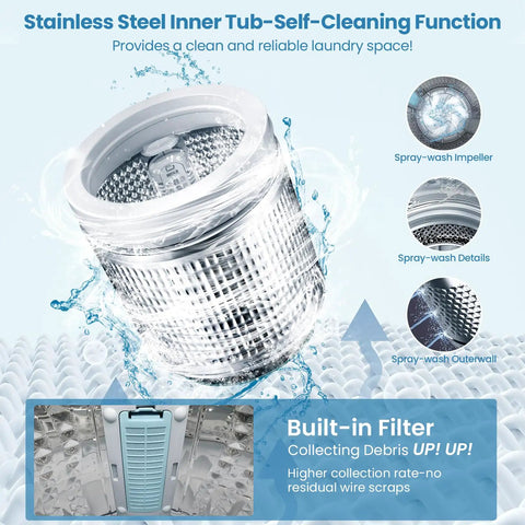 Stainless steel inner tub of Fully Loaded Portable Washer With Turbo Spin Cycle And Spacious Stainless Drum for efficient cleaning.